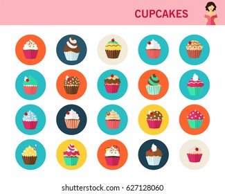 cupcakes concept flat icons. 