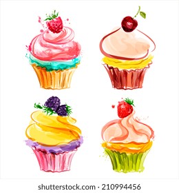 Cupcakes with cream and berries. Vector illustration