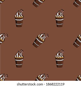 Cupcakes with cream.  Brown color palette.  Seamless pattern.