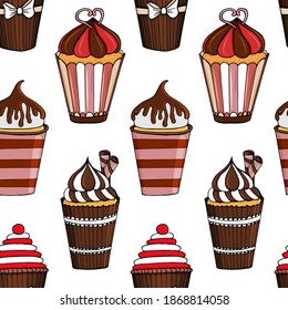 Cupcakes with cream.  Brown color palette.  Seamless pattern.