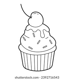 Cupcakes mit Sahne und Kirschen. Design-Element.  Schwarz-Weiß-Umriss-Illustration für das Farbbuch	