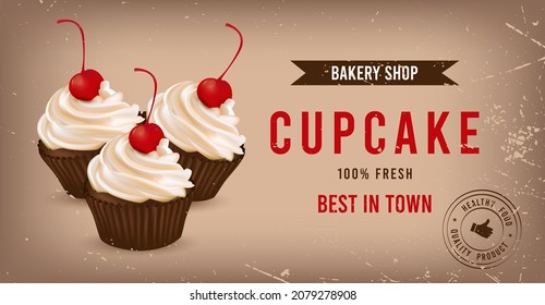 Cupcakes Creme mit Kirschen. Vektor-Template-Design für ein Poster, Broschüre, Banner, Einladungskarte. Vektorgrafik. 3d