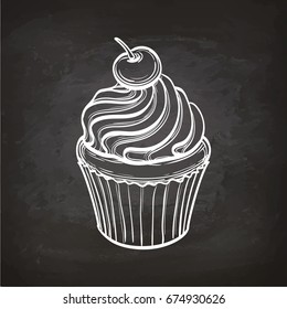 Cupcakes with cream and cherry. Chalk sketch on blackboard. Hand drawn vector illustration. Retro style.