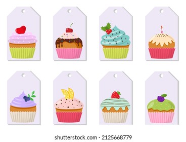 Cupcakes with cream and chocolate set. Price tags, labels, signs, postcards. Sweet muffin collections decorated with cherry, blackberry and mint, candle, lemon, cookie, strawberry. Vector illustration