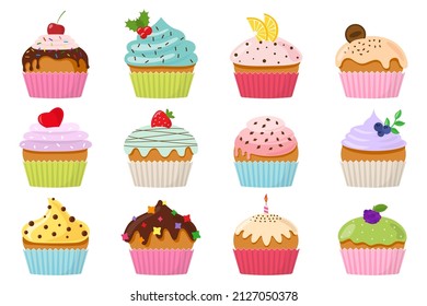 Cupcakes with cream and chocolate set. Sweet muffin collections decorated with cherry, blackberry and mint, candle, lemon, cookie, strawberry. Pastries sprinkled with tasty crumbs. Vector illustration