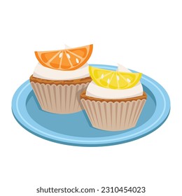 Pasteles con crema y fruta. Naranja y limón. masa rellena, bollería. Gráfico vectorial.