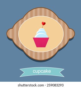 Cupcakes with cream and heart on a stick, with shadow. Icon, flat design, vector. Element for design