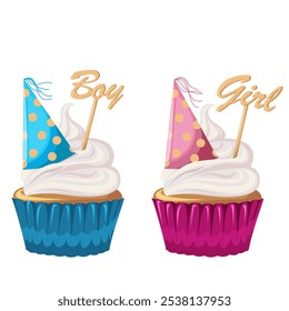 Cupcakes with cream, sweetness dessert with tiny party hat. Muffin. Flat style. Gender party. Girl or boy. Birthday, holiday, congratulations, concept of invitation. 