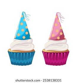 Cupcakes with cream, sweetness dessert with tiny party hat. Muffin. Flat style. Gender party. Birthday, holiday, congratulations, concept of invitation. Vector illustration for banner, postcard.