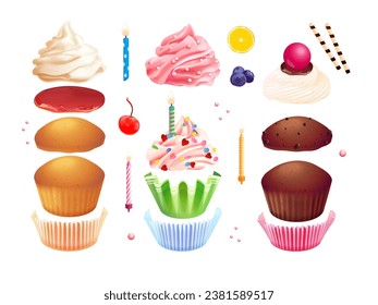 Cupcakes creation. Realistic muffin constructor, 3d cupcake with candle different whipped cream or fruit frosting and paper cup, pastry birthday dessert exact vector illustration of cake food dessert