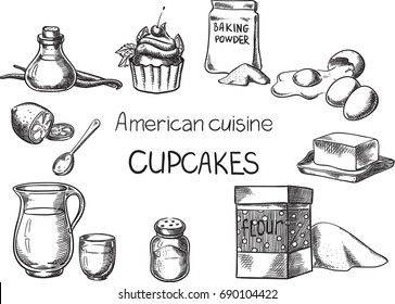 Cupcakes. Creative conceptual vector. Sketch hand drawn American food recipe illustration, engraving, ink, line art, vector.