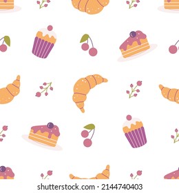 Cupcakes, croissants, cake and berries. Sweets for tea or coffee. Vector seamless pattern