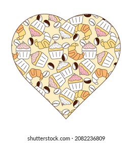 Cupcakes croissants coffee beans . Vector heart.