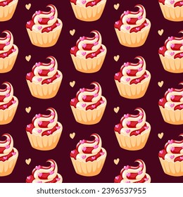 Cupcakes cute seamless pattern in cartoon style. Vector illustration background with cakes and hearts.