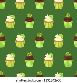 Cupcakes decorated with kiwi, chocolate, candy. Seamless pattern. Vector illustration.