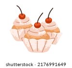 Cupcakes decorated with whipped cream cheese and cherry. Sweet vanilla muffins in paper cups. Baked dessert, sugar snack, small cakes. Bakery. Flat vector illustration isolated on white background