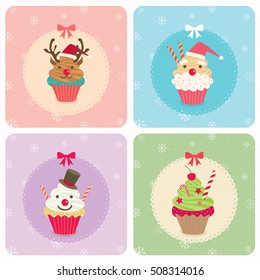 Cupcakes decoration like reindeer, santa claus, snowman and christmas tree for merry christmas and happy new year festival holiday party.Illustration vector pastel colors.