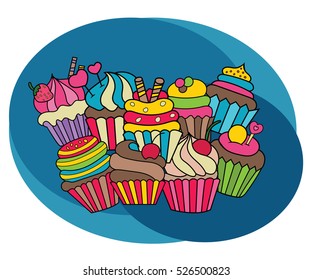 Cupcakes design set. Cartoon free hand draw doodle vector illustration.