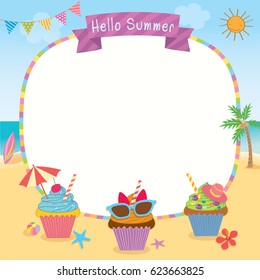 Cupcakes design for summer season decorated on beach background for menu template and frame.