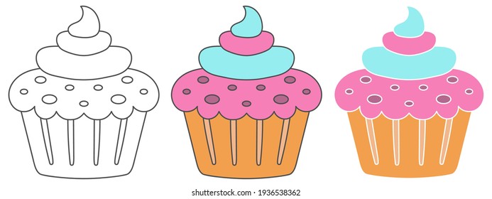 cupcakes design vector illustration. food hand drawn cartoon. black and white outline