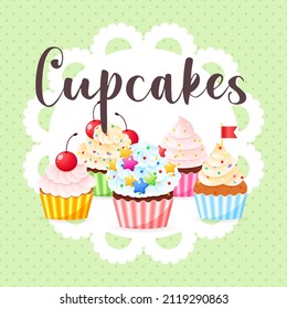 Cupcakes dessert illustration in cartoon style. Five sweet muffins decorated with cream, cherries and sprinkles on a light green dotted background. Vector 10 EPS.