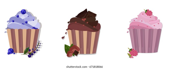 Cupcakes desserts Vector design. Delicious cupcakes set. Sweet berry, chocolate, lavender flavors Vector illustration