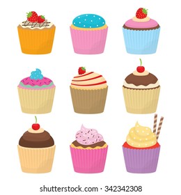 Cupcakes with different flavors and toppings.