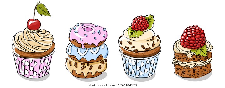 Cupcakes and donut . A doodle-style banner. Dessert banner. Cup cake vector. Dessert banner. Homemade white cake. Cup cakes isolated. Print for fabric, packaging, label, postcard, print.  Dessert set 