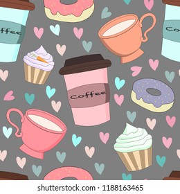 cupcakes donuts  cups on greyseamless background vector