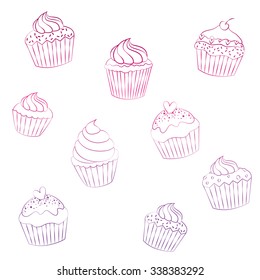 Cupcakes doodle outline gradient color illustration 