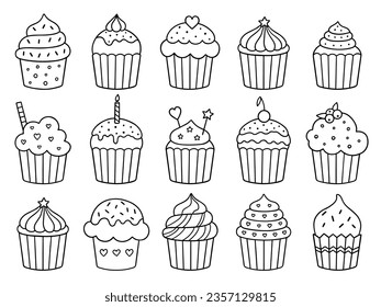 Cupcakes doodle set. Desserts and sweets in sketch style. Hand drawn vector illustration isolated on white background