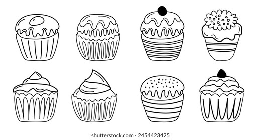 Cupcakes doodle sketch isolated on white background. Hand drawn vector set. Hand drawn vector set