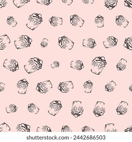 Cupcakes doodle bosquejan un patrón sin fisuras sobre fondo rosa. Bueno para papel de embalaje, impresión de paquete, cafetería y fondos de pantalla de la tienda