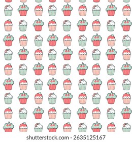 Cupcakes in doodle style seamless pattern. Hand drawn vector outline illustration. Pastel palette on white background