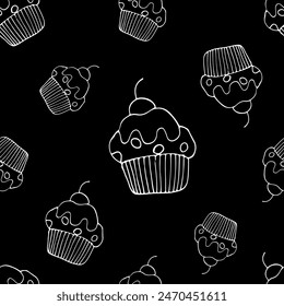 Cupcakes garabatos repiten patrón, un fondo sin fisuras estilo pizarra con magdalenas dibujadas a mano, un dibujo blanco sobre negro