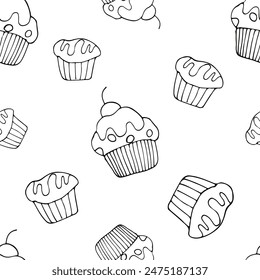 Cupcakes Doodles wiederholen Muster, ein nahtloser Hintergrund mit handgezeichneten Muffins, eine schwarze Umrisszeichnung auf weißem Hintergrund