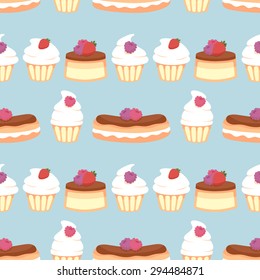 Cupcakes, eclairs and flan in rows seamless background pattern.