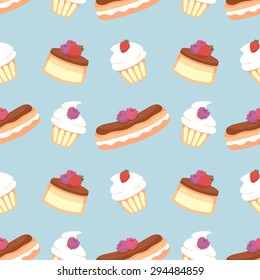 Cupcakes, eclairs and flan seamless background pattern.