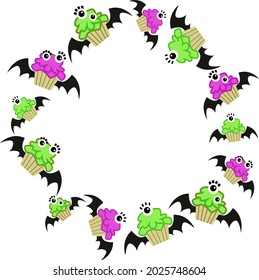 Сreepy cupcakes with eyes,  Halloween attribute. Vector illustration for a party, invitation, postcard, children's holiday. Frame, elements in a circle