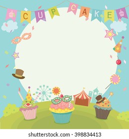 Cupcakes of fancy card decoration with party flags and circle space for note message  in carnival party theme on park.Paper design for memo,notepad template.Blank for your text.