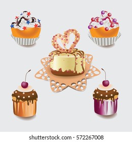 Cupcakes. Festive cakes. Set of pictures with food. Dough. Cherry and chocolate muffins, a cake with milk and white chocolate, red fruit syrup, cherries, round confeti, stars.