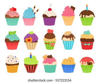 Cupcakes flat icons. Delicious birthday cupcake and wedding muffin vector collection isolated on white background.