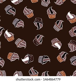 Cupcakes flavors doodle illustration on white, brown and purple. Pastry. Vector illustration. Seamless of hand drawn vintage style cupcakes and muffins.