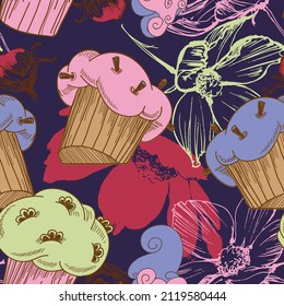 Cupcakes and flowers seamless pattern
