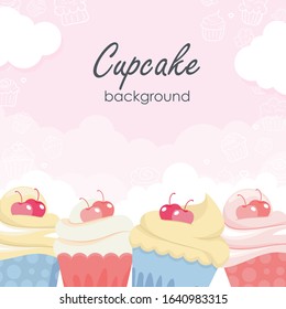Cupcakes flyer with sky background. flat cartoon design colorful cream and space for text. suitable for menu, poster, restaurant, banner, birthday card and other