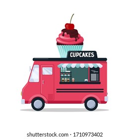 Cupcakes food truck isolated on white background. Fast food truck in cartoon style