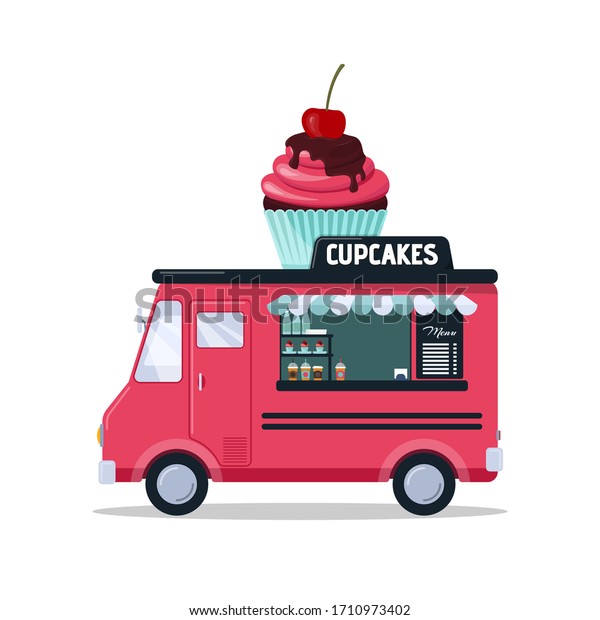 Cupcakes food truck isolated on white background.\
Fast food truck in cartoon\
style