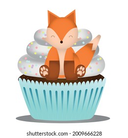 cupcakes with fox, cupcake with cream on a white background ideal for printing on fabric, wrapping paper, textiles