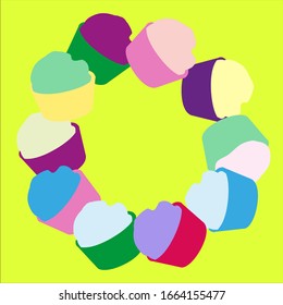 Cupcakes frame in vector on yellow background.Multicolored