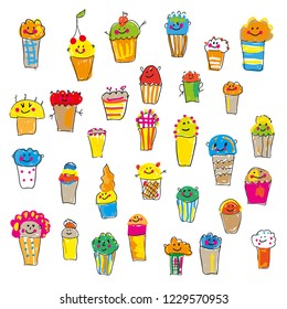 Cupcakes funny set, sketchy design, cartoon style. Vector graphic illustration